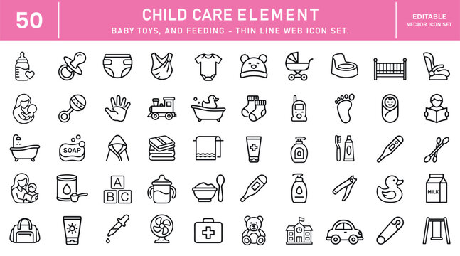 Child care element outline icon set in line style. Baby essentials, Parenting, Infant care, Kids products, Nursery equipment and Family support simple symbol sign. vector illustration.