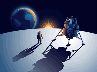 Astronaut standing on moon surface near lunar lander, Earth in background, space exploration © Gunawan