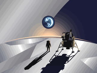 Astronaut on Moon Surface near Lunar Lander, Earth in Sky © Gunawan