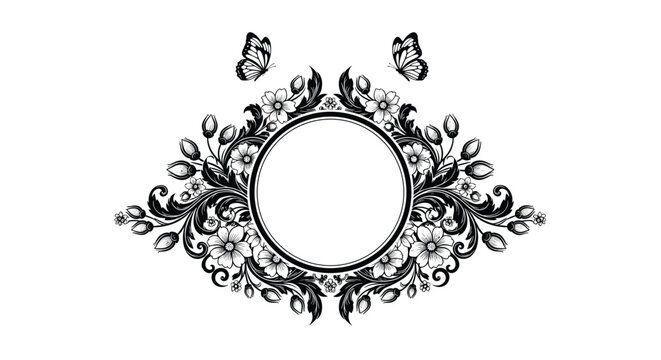 Detailed black and white floral frame with intricate blooms and two butterflies serves as an elegant border for classic wedding and event stationary.