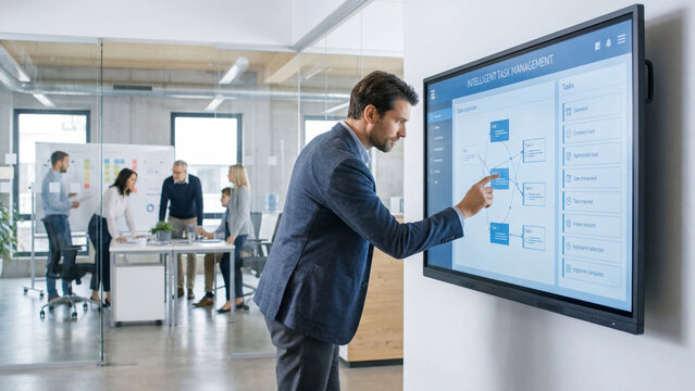 Business professional using interactive digital display in modern office meeting room