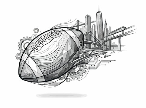 American Football with Futuristic Cityscape and Technology Elements