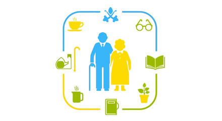 Fototapeta premium Illustration of elderly couple surrounded by daily living activity icons.