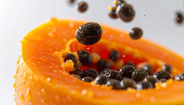 Dynamic macro shot of fresh papaya wedge being tossed with flying seed and juice splash