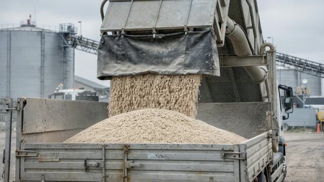 Medium shot of a silo loading chute carefully filling trucks with measured pellets focusing on dust suppression mechanisms in action during industrial material handling