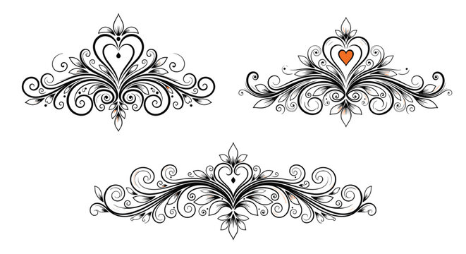 Collection of three elegant decorative scroll ornaments with heart shapes and intricate leaf patterns for classic design projects.