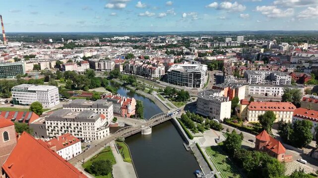 Aerial footage of the river and the city center of Wroclaw