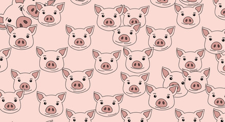 Fototapeta premium Cute repeating pattern of smiling pink pig faces on a light pink background perfect for nursery or kids' products.