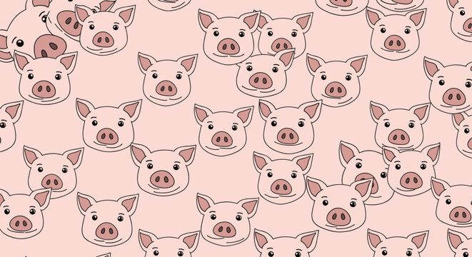 Cute repeating pattern of smiling pink pig faces on a light pink background perfect for nursery or kids' products.