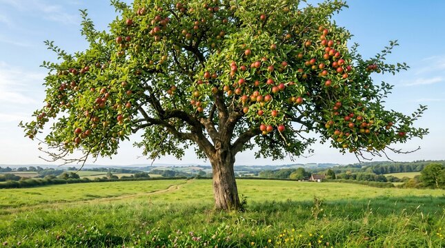 Apple tree in green field with ripe red apples
