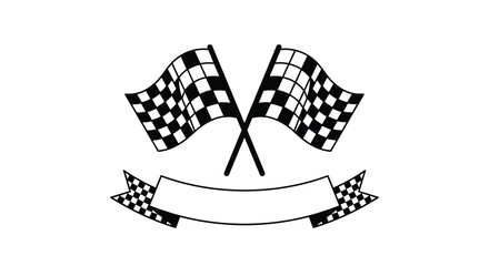 Obraz premium Pair of crossed checkered racing flags with a blank banner ribbon below, ideal for automotive competition logos.