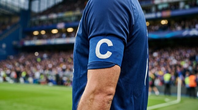 Closeup of soccer player wearing blue jersey with captains armband on field