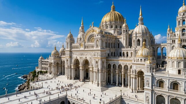 Grand white building with golden domes by the sea