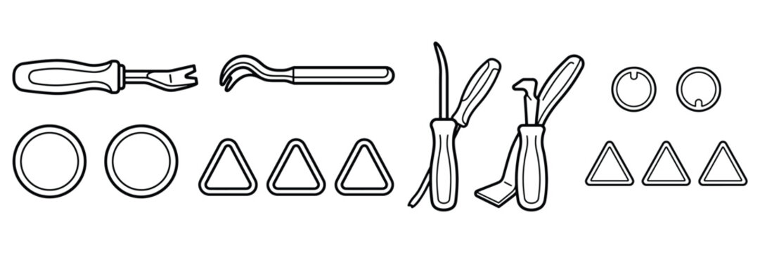 Automotive trim removal tools and geometric shape icons set for workshop manuals or coloring activity showing various pry bars rings and triangles art.