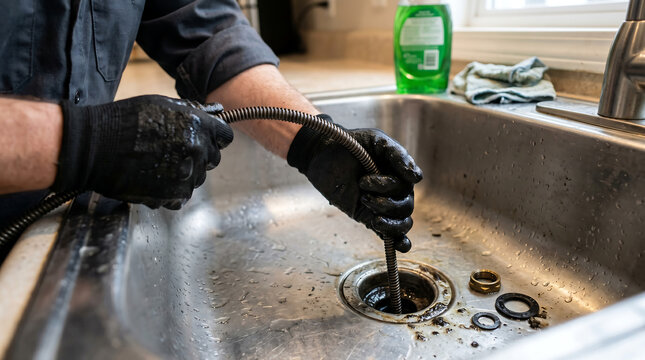 Detailed close-up shows a professional plumber wearing black gloves using a drain snake cleaning auger cable to clear a clogged kitchen sink drain