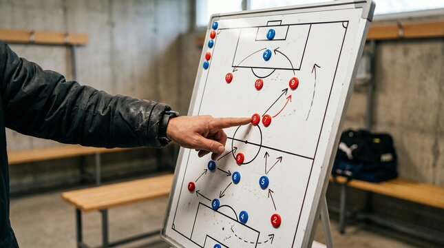 A person pointing to a soccer strategy board with colored magnets in a locker room