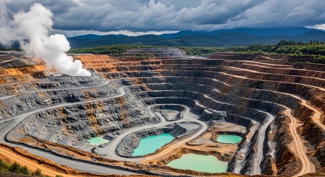 Large open-pit mining operation with terraced excavations and colorful mineral deposits under a cloudy sky in a remote landscape for industrial and environmental themes