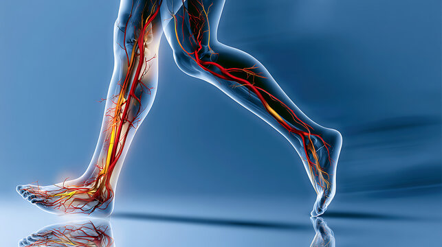 The illustration displays leg arteries showing the impact of peripheral arterial disease. This condition reduces blood flow and affects movement and health 