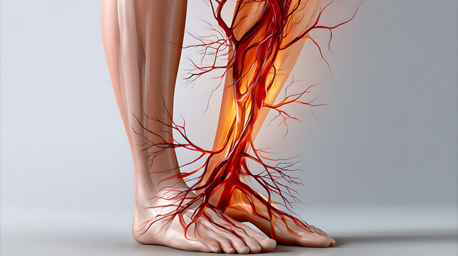 Illustration shows arteries in leg affected by peripheral arterial disease.