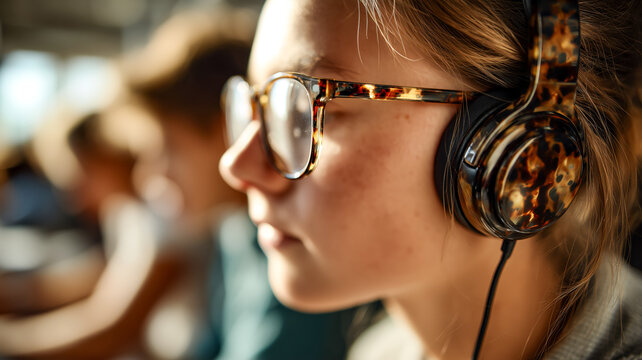Focused student with headphones, deep in thought