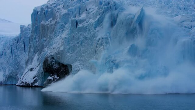 Majestic glacier collapse unleashes thunderous icefall into serene arctic waters