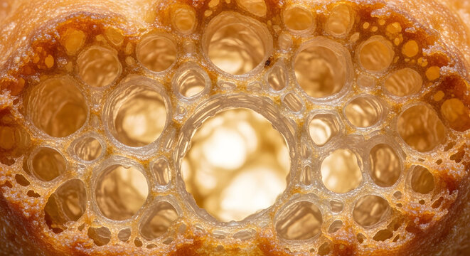 Close-up macro photography reveals the intricate and porous texture of a bread crumb, highlighting its unique cellular structure