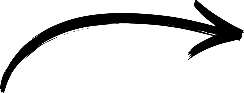 Abstract black ink brush stroke curved arrow pointing to the right isolated on a plain white background graphic design element