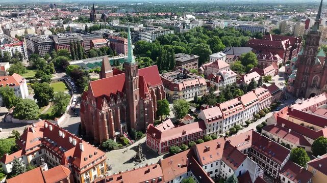 Aerial view of the old town with a Gothic church red roofs and city panorama in Wrocław Poland