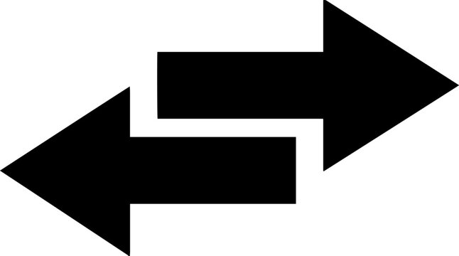 Black flat vector icon of two horizontal arrows pointing in opposite directions representing exchange swap or data transfer concept isolated.