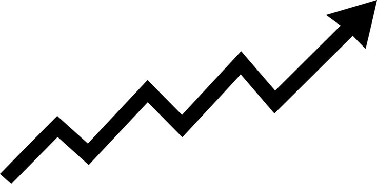 Simple black upward trending zigzag arrow icon isolated on a white background representing business growth financial success and market progress