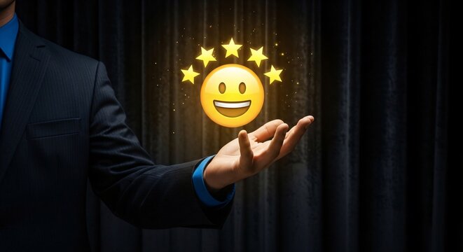 Businessman holding glowing smiling emoji with stars in hand on dark stage background for corporate happiness and success concept