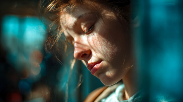 Girls pensive profile, dappled sunlight on her face, looking down