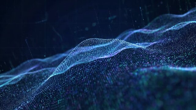 Digital wave data visualization abstract technology blue background with glowing particles lines grid futuristic network
