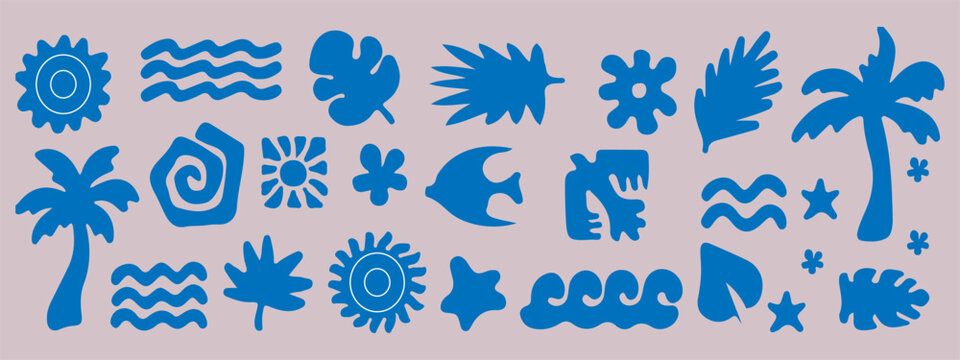 Bold blue monochromatic mediterranean coastal icon set with waves shells palm tree bird and organic shapes on white background. Vector stock.
