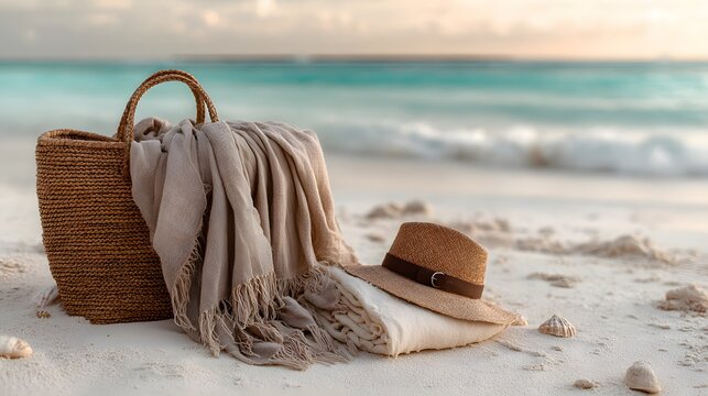 Beach scene with wicker bag hat and blankets on sand