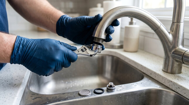 Close up of male hands wearing blue nitrile gloves using an adjustable wrench tool to repair or replace a kitchen faucet spout over a stainless steel sink
