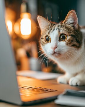 Confused cat staring at laptop screen, curious pet working on computer in cozy home office