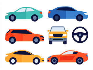 Fototapeta premium Flat modern car vector set with sedan, SUV, and steering wheel isolated , tire, speedometer isolated on white 