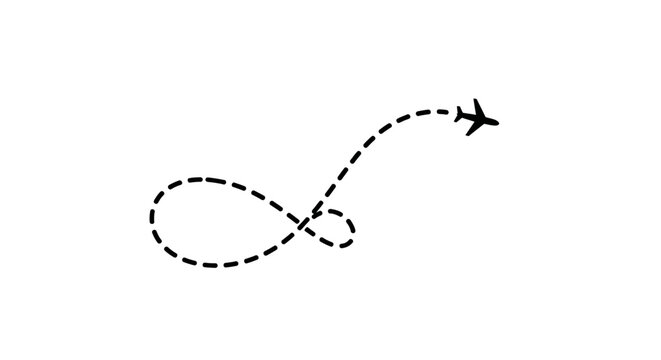 Black airplane icon flying with a continuous dashed flight path loop.