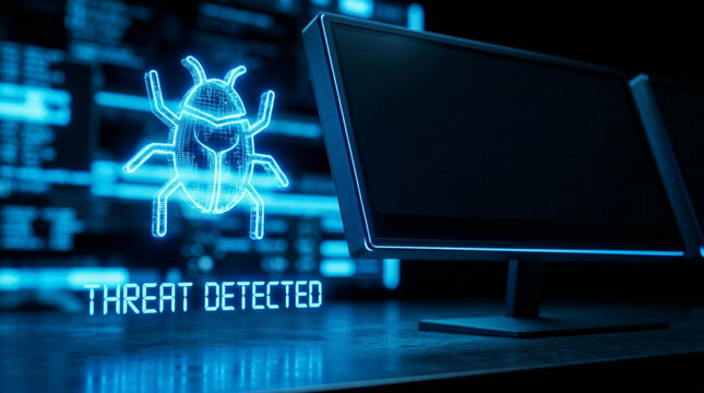 3D digital illustration of a glowing blue bug malware icon and threat detected text near a computer monitor in a dark high-tech room with blurred background data and code.