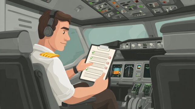 Pilot conducting pre-flight checklist in cockpit aviation industry digital illustration professional setting close-up view safety protocol