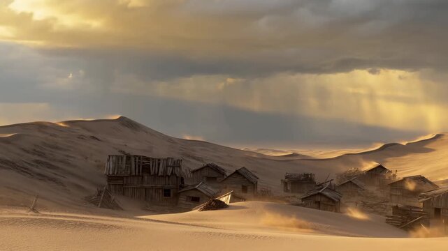 Dramatic desert sandstorm over abandoned settlement under stormy skies
