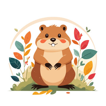 Cute groundhog illustration with autumn leaves
