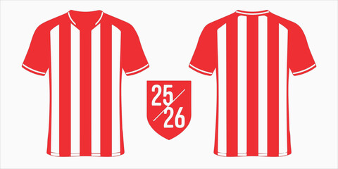 Red and white striped sports jersey vector mockup. Minimalist football t-shirt design template showing front and back views with vertical stripes and shield emblem for team uniform isolated on white b © Design with Enamul