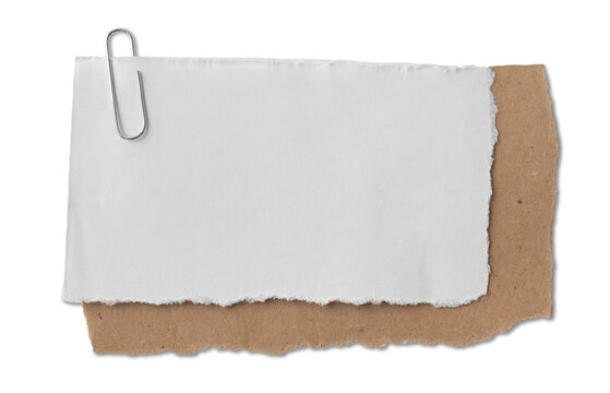 Layered torn paper sheets with metal paperclip isolated on white and transparent background, Empty message note reminder card template