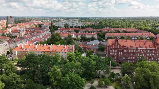 Aerial view of residential district with red brick buildings and tenement houses in Wrocław Poland