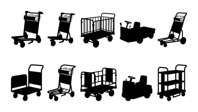 Set of luggage trolleys and carts silhouette illustration