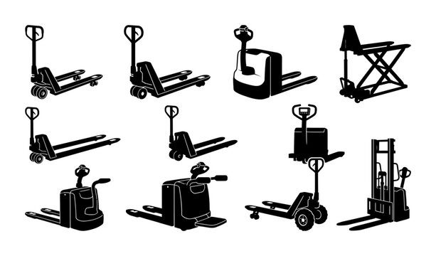 Various types of pallet trucks and stackers on white