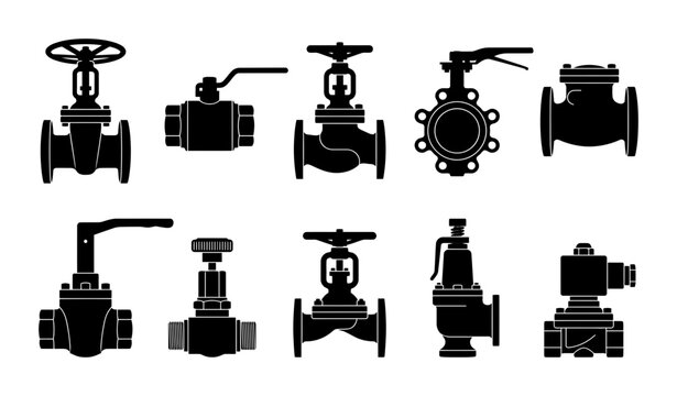 Set of industrial valves silhouette icons for engineering