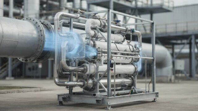 Medium shot of a modular carbon capture skid mounted on a vent line featuring adsorption technology actively removing carbon dioxide from industrial process gases